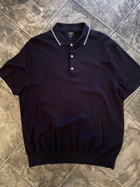 J. CREW Italian Cotton Navy Preppy Polo Collar Sweater w White Contrast Trim